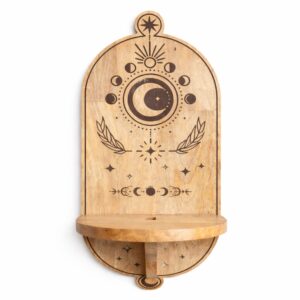 Estante de pared en arco tallado con fase lunar y árbol